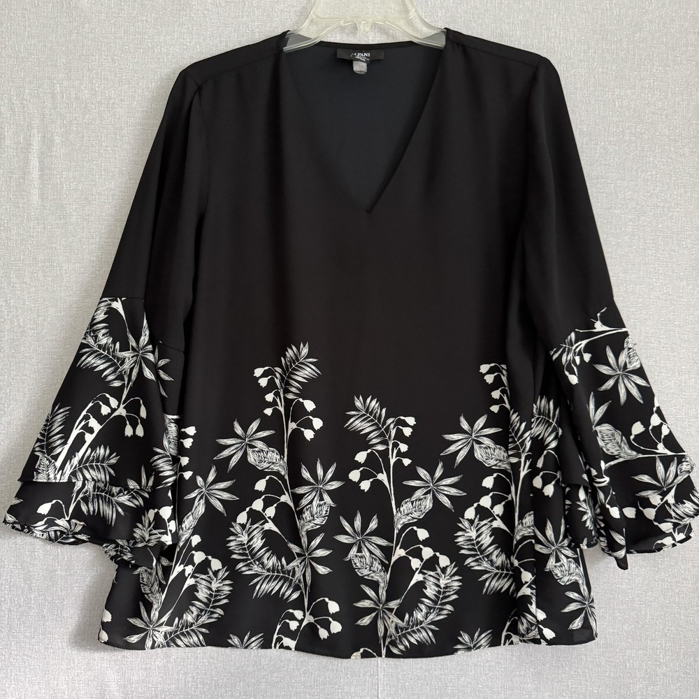 Alfani Dress Womens 16P Black‎ White Floral Bell Sleeve V Neck Tunic Blouse Top